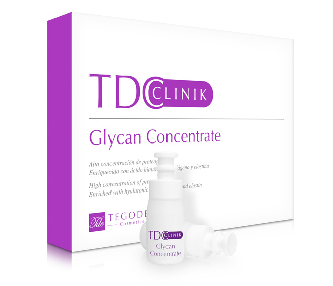 Envase TDClinik Glycan Concentrate, concentrado facial en emulsión